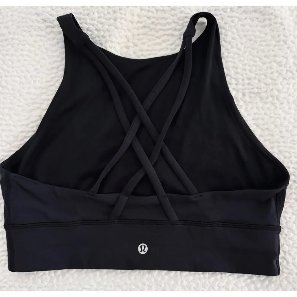 Lululemon Energy Bra High Neck Longline 10 Black W2BZ1S Strappy Sports Bra